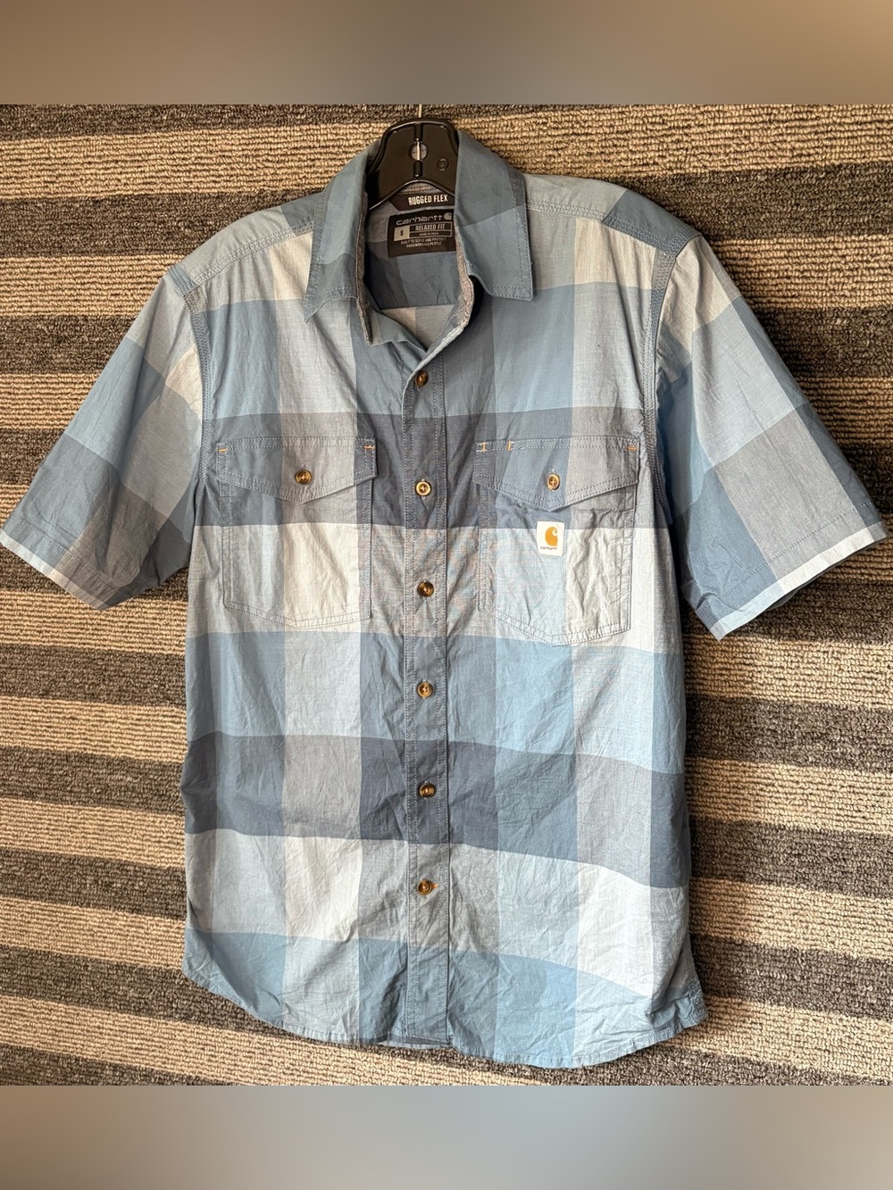 Carhartt Men's Rugged Flex Relaxed Fit Blue Plaid Short Sleeve Button Up Shirt S